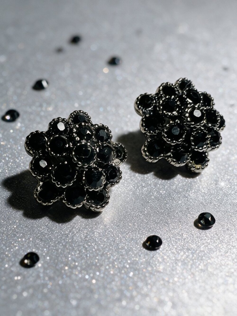 Black CZ Floral Cluster Stud Earrings